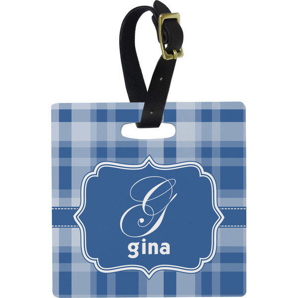 Custom Plaid Plastic Luggage Tag - Square w/ Name and Initial