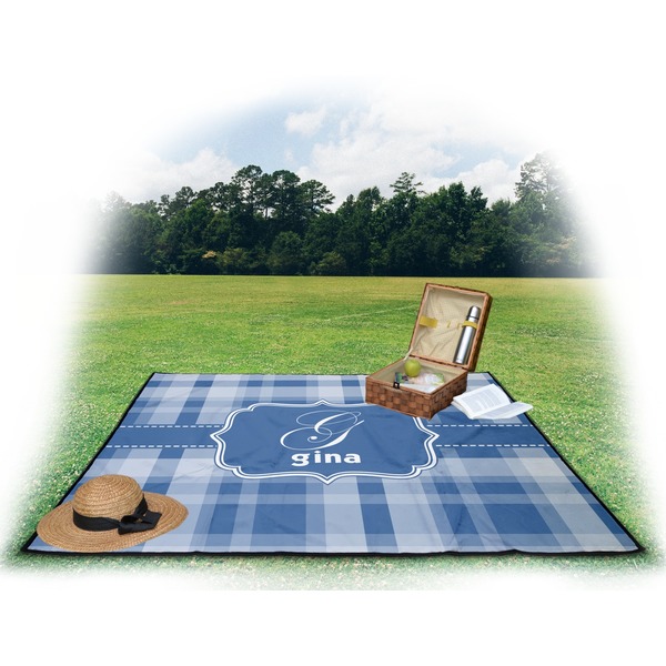 Plaid Picnic Blanket - with Basket Hat and Book - in Use