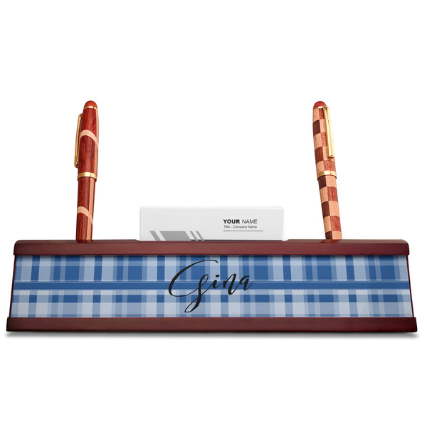 Plaid Red Mahogany Nameplates with Business Card Holder - Straight