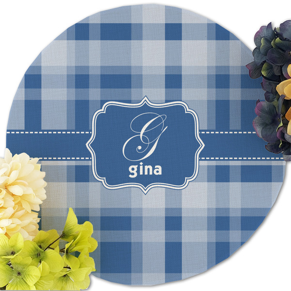Plaid Round Linen Placemats - Front (w flowers)