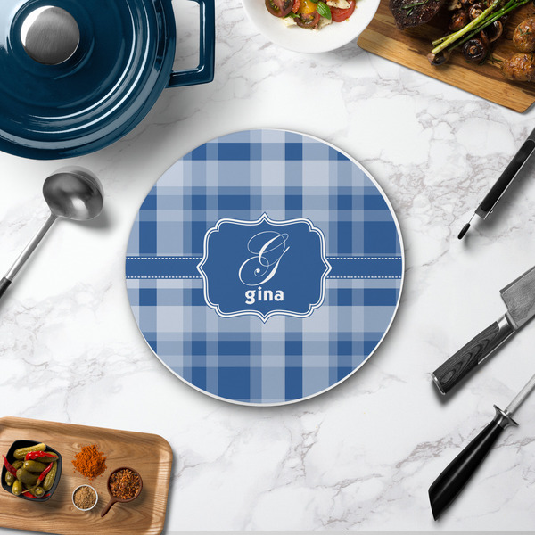 Plaid Round Stone Trivet - In Context View