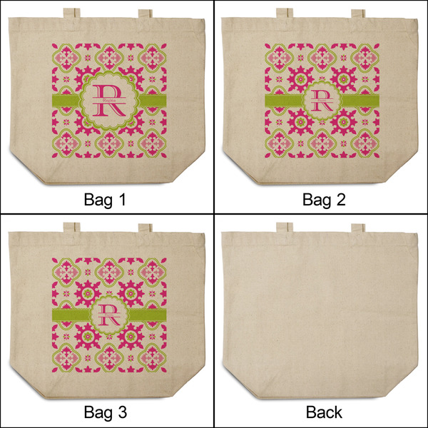 Suzani Floral 3 Reusable Cotton Grocery Bags - Front & Back View