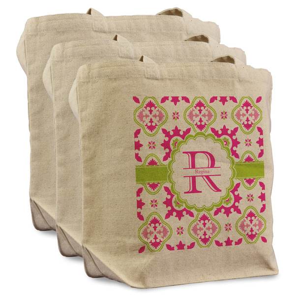 Custom Suzani Floral Reusable Cotton Grocery Bags - Set of 3 (Personalized)