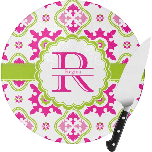 Custom Suzani Floral Round Glass Cutting Board - Small (Personalized)