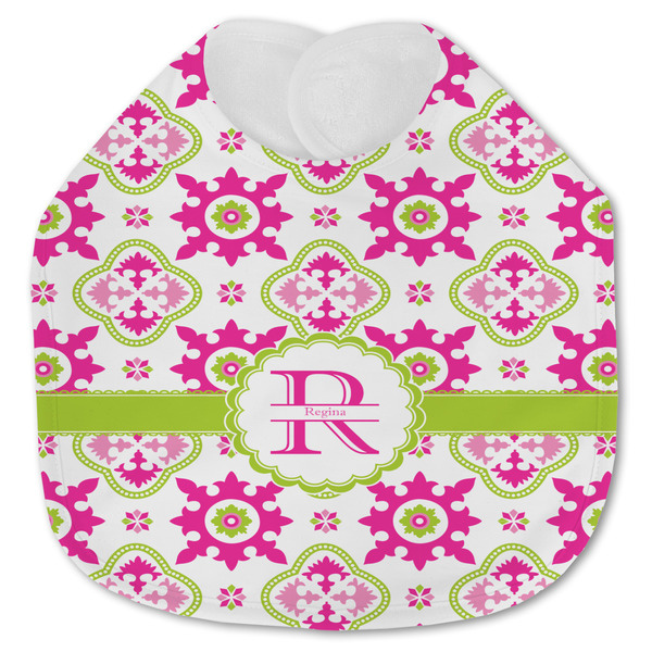 Custom Suzani Floral Jersey Knit Baby Bib w/ Name and Initial