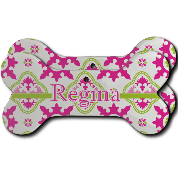 Custom Suzani Floral Ceramic Dog Ornament - Front & Back w/ Name and Initial