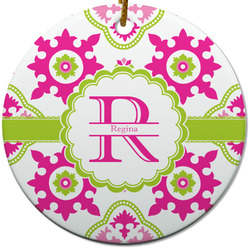 Suzani Floral Round Ceramic Ornament w/ Name and Initial