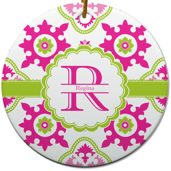 Custom Suzani Floral Round Ceramic Ornament w/ Name and Initial