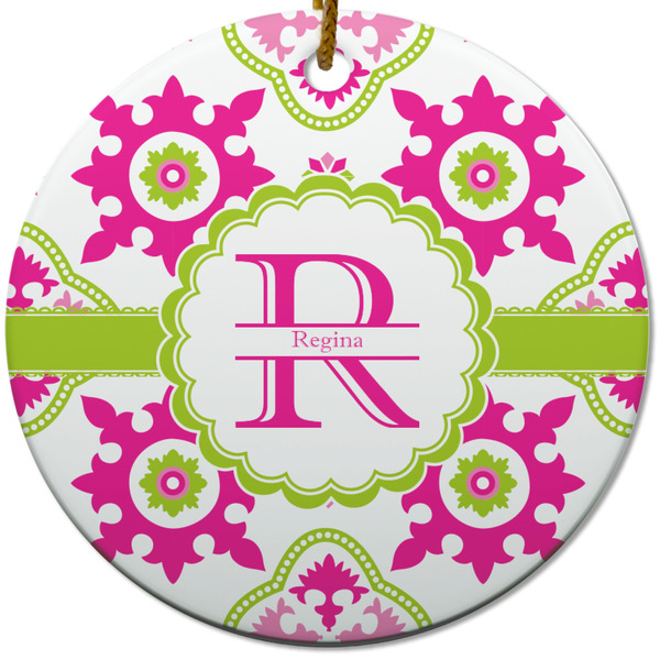 Custom Suzani Floral Round Ceramic Ornament w/ Name and Initial