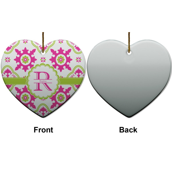 Suzani Floral Ceramic Flat Ornament - Heart Front & Back (APPROVAL)