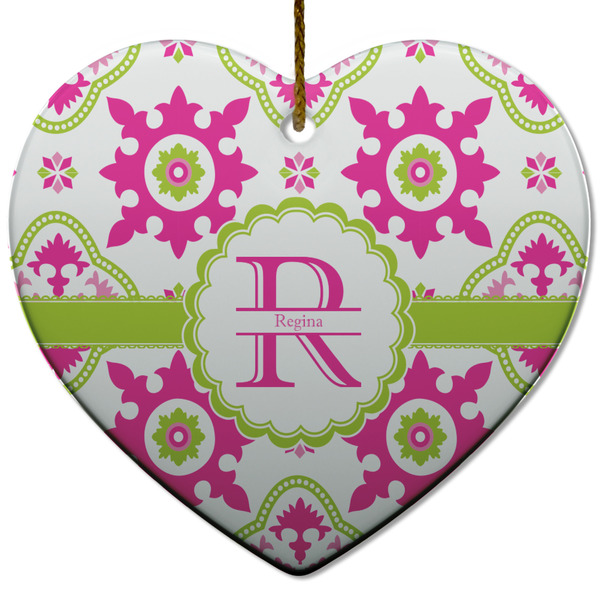 Custom Suzani Floral Heart Ceramic Ornament w/ Name and Initial