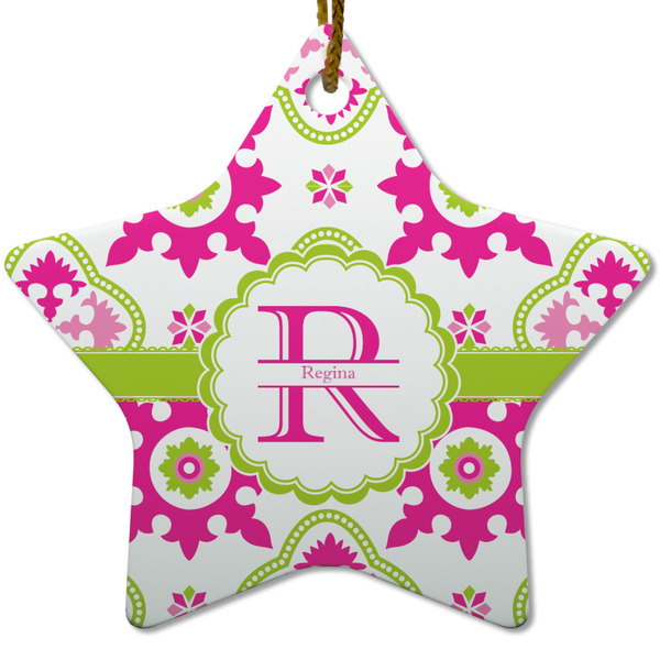 Custom Suzani Floral Star Ceramic Ornament w/ Name and Initial