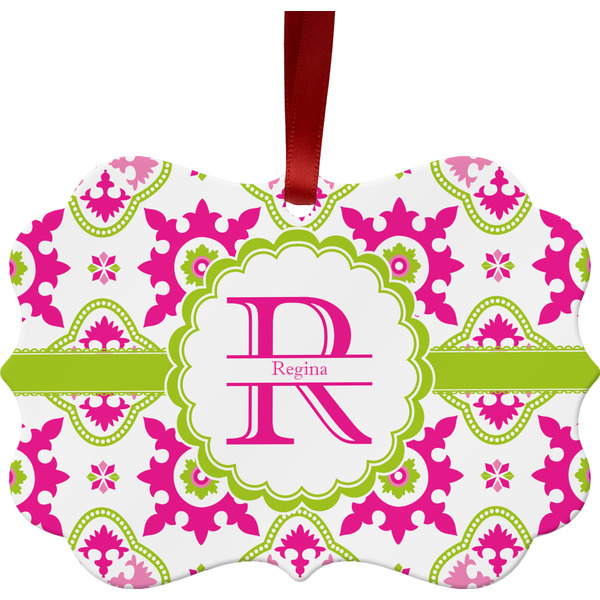 Custom Suzani Floral Metal Frame Ornament - Double Sided w/ Name and Initial