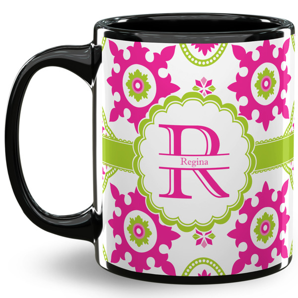 Custom Suzani Floral 11 Oz Coffee Mug - Black (Personalized)