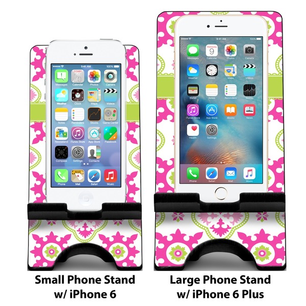 Suzani Floral Compare Phone Stand Sizes - with iPhones