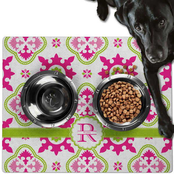 Custom Suzani Floral Dog Food Mat - Large w/ Name and Initial