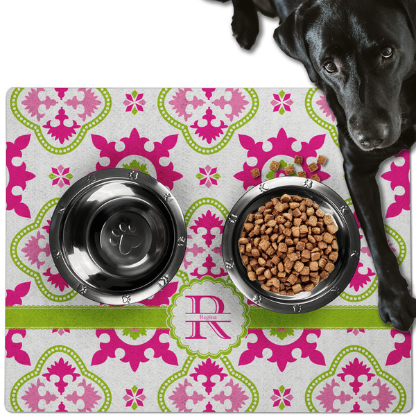 Custom Suzani Floral Dog Food Mat - Large w/ Name and Initial