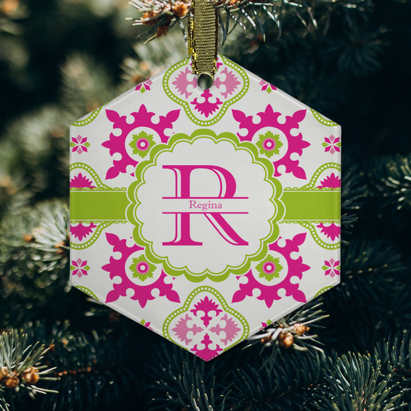 Suzani Floral Frosted Glass Ornament - Hexagon (Lifestyle)