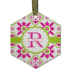 Suzani Floral Flat Glass Ornament - Hexagon w/ Name and Initial