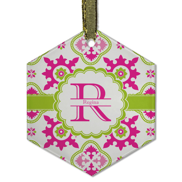 Custom Suzani Floral Flat Glass Ornament - Hexagon w/ Name and Initial