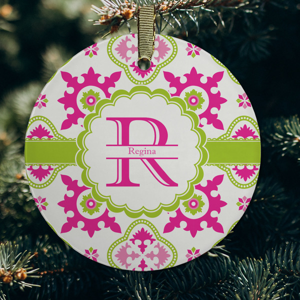 Suzani Floral Frosted Glass Ornament - Round (Lifestyle)