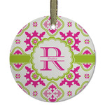 Suzani Floral Flat Glass Ornament - Round w/ Name and Initial