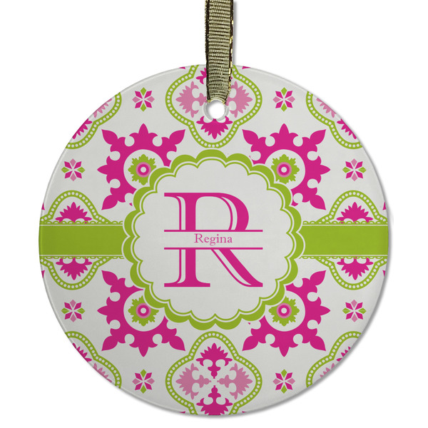 Custom Suzani Floral Flat Glass Ornament - Round w/ Name and Initial