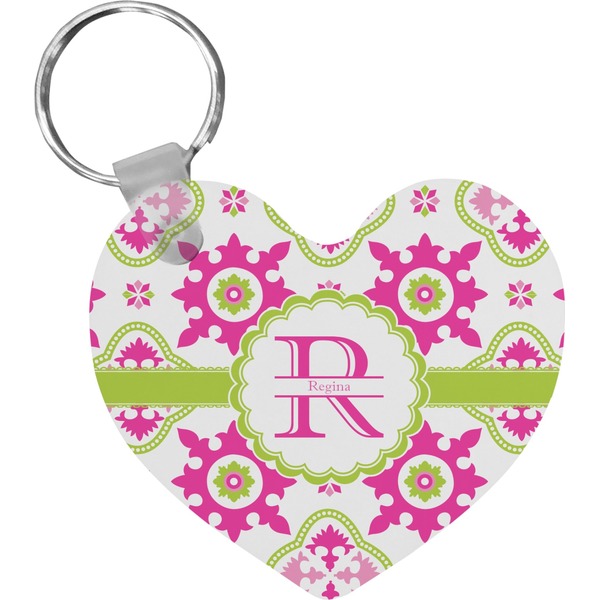 Custom Suzani Floral Heart Plastic Keychain w/ Name and Initial