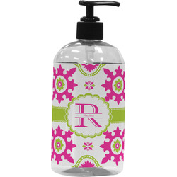 Suzani Floral Plastic Soap / Lotion Dispenser (16 oz - Large - Black) (Personalized)