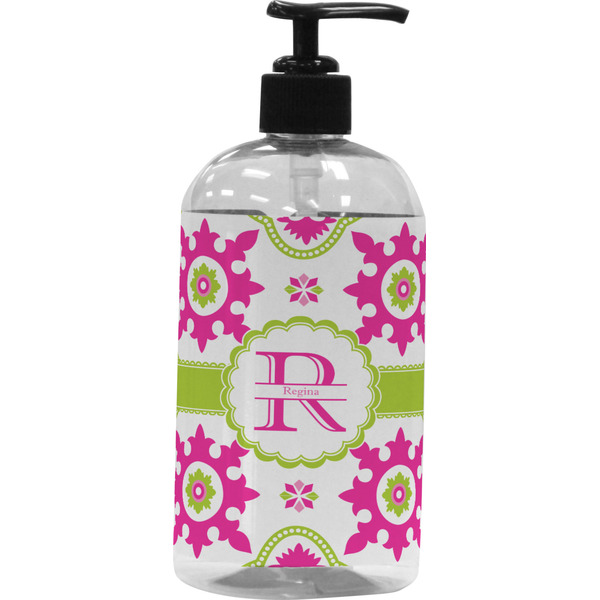 Custom Suzani Floral Plastic Soap / Lotion Dispenser (16 oz - Large - Black) (Personalized)