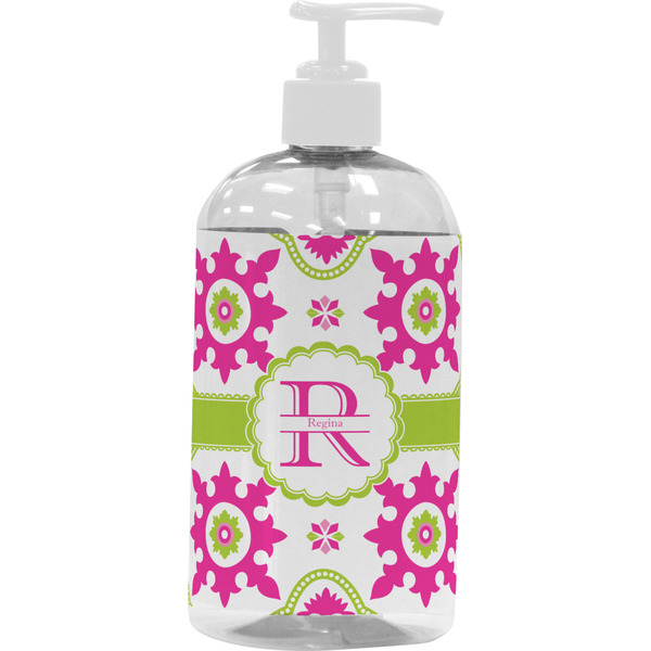 Custom Suzani Floral Plastic Soap / Lotion Dispenser (16 oz - Large - White) (Personalized)