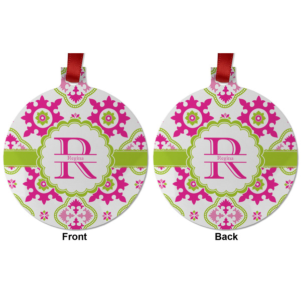 Suzani Floral Metal Ball Ornament - Front and Back