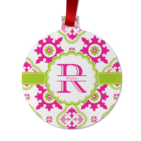 Custom Suzani Floral Metal Ball Ornament - Double Sided w/ Name and Initial