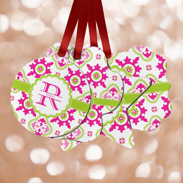 Custom Suzani Floral Metal Ornaments - Double Sided w/ Name and Initial