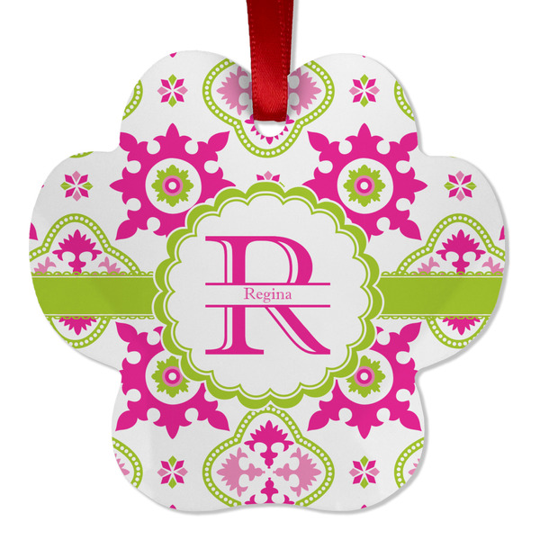 Custom Suzani Floral Metal Paw Ornament - Double Sided w/ Name and Initial