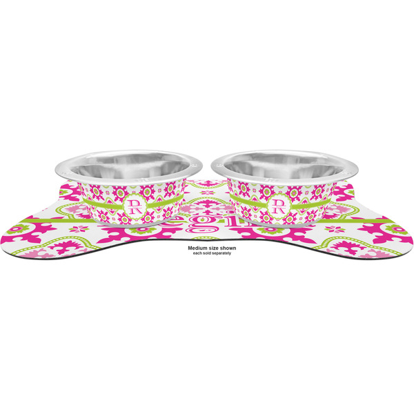 Suzani Floral Metal Pet Bowls - On Dog Bone Shaped Mat
