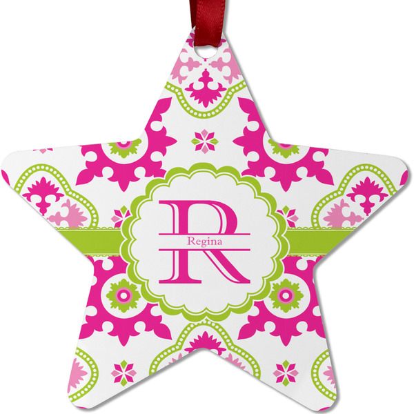 Custom Suzani Floral Metal Star Ornament - Double Sided w/ Name and Initial
