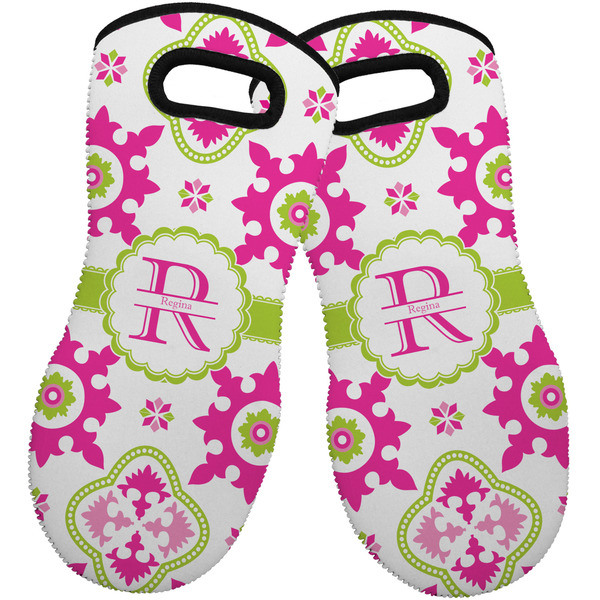 Custom Suzani Floral Neoprene Oven Mitts - Set of 2 w/ Name and Initial