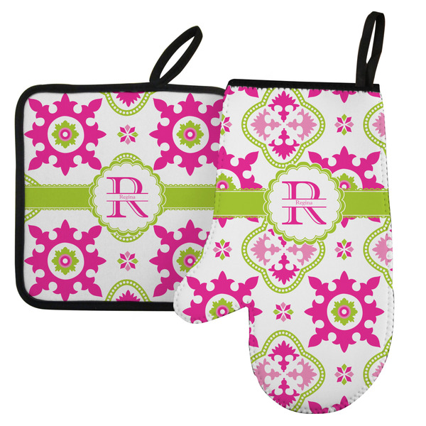 Custom Suzani Floral Left Oven Mitt & Pot Holder Set w/ Name and Initial