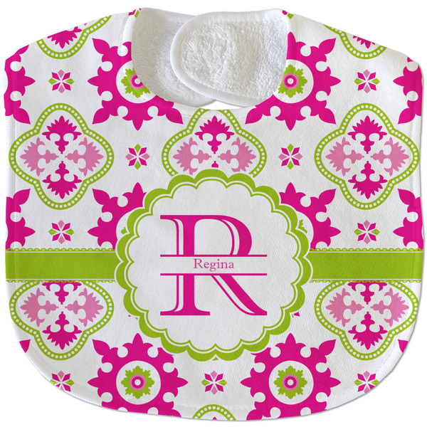 Custom Suzani Floral Velour Baby Bib w/ Name and Initial