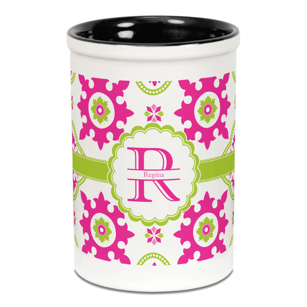 Custom Suzani Floral Ceramic Pencil Holders - Black