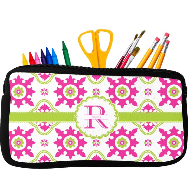 Custom Suzani Floral Neoprene Pencil Case - Small w/ Name and Initial