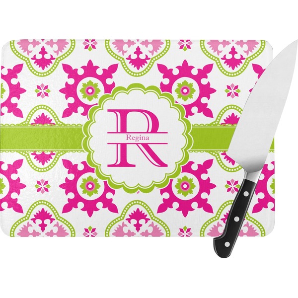 Custom Suzani Floral Rectangular Glass Cutting Board - Large - 15.25"x11.25" w/ Name and Initial