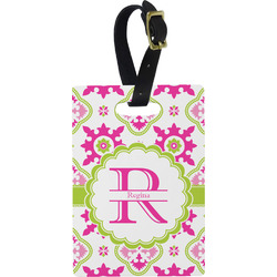 Suzani Floral Plastic Luggage Tag - Rectangular w/ Name and Initial