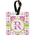Suzani Floral Plastic Luggage Tag - Square w/ Name and Initial