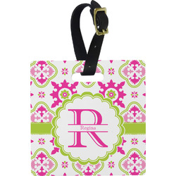 Suzani Floral Plastic Luggage Tag - Square w/ Name and Initial