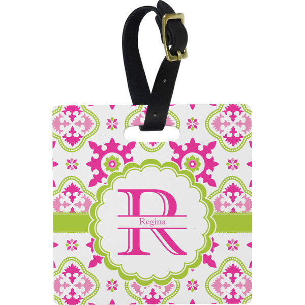 Custom Suzani Floral Plastic Luggage Tag - Square w/ Name and Initial
