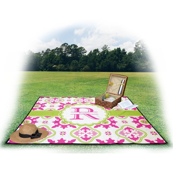 Suzani Floral Picnic Blanket - with Basket Hat and Book - in Use