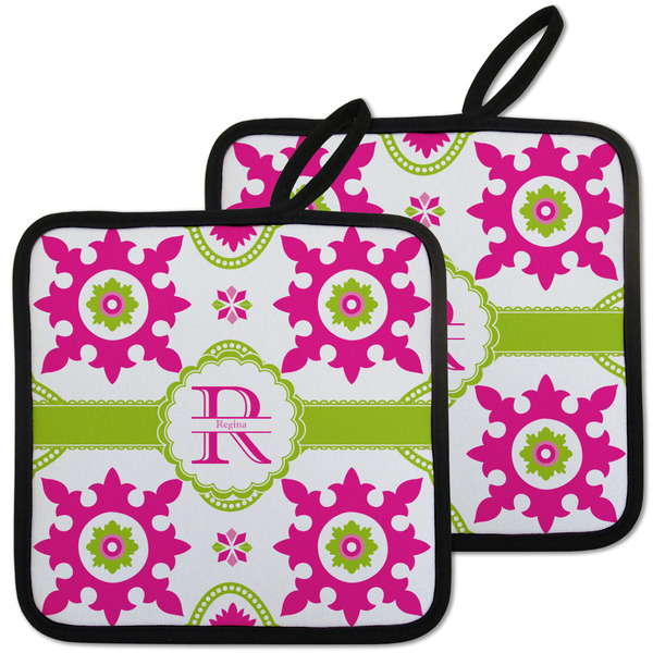 Custom Suzani Floral Pot Holders - Set of 2 w/ Name and Initial