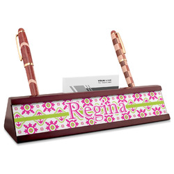 Suzani Floral Red Mahogany Nameplate with Business Card Holder (Personalized)